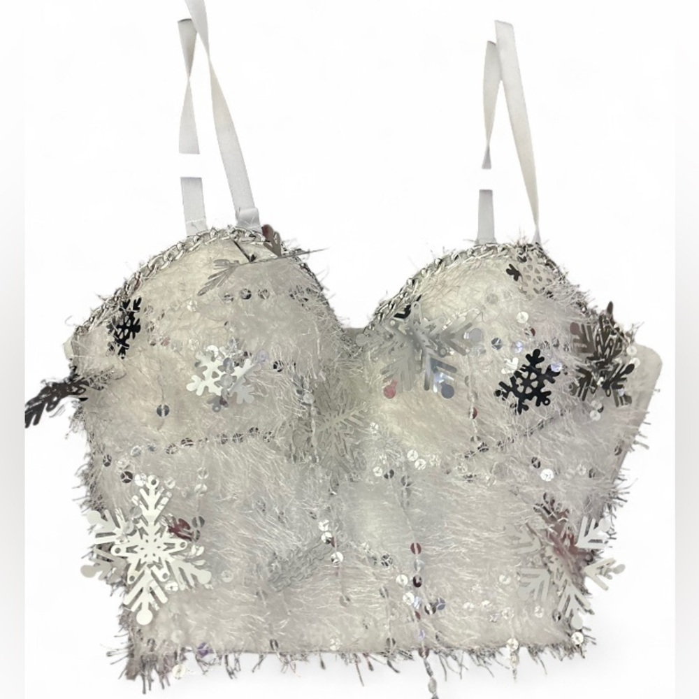 Silver Sequin Snowflake Corset Crop Top Holiday Party Size L